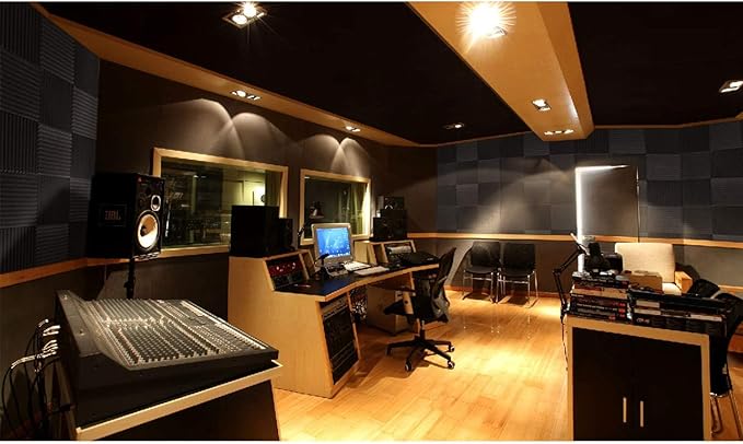 Focusound 52 Pack Acoustic Foam Panels 1" x 12" x 12" Sound Proof Foam Panles Soundproofing Noise Cancelling Wedge Panels for Home Office Recoding Studio with 300PCS Double-Side Adhesive