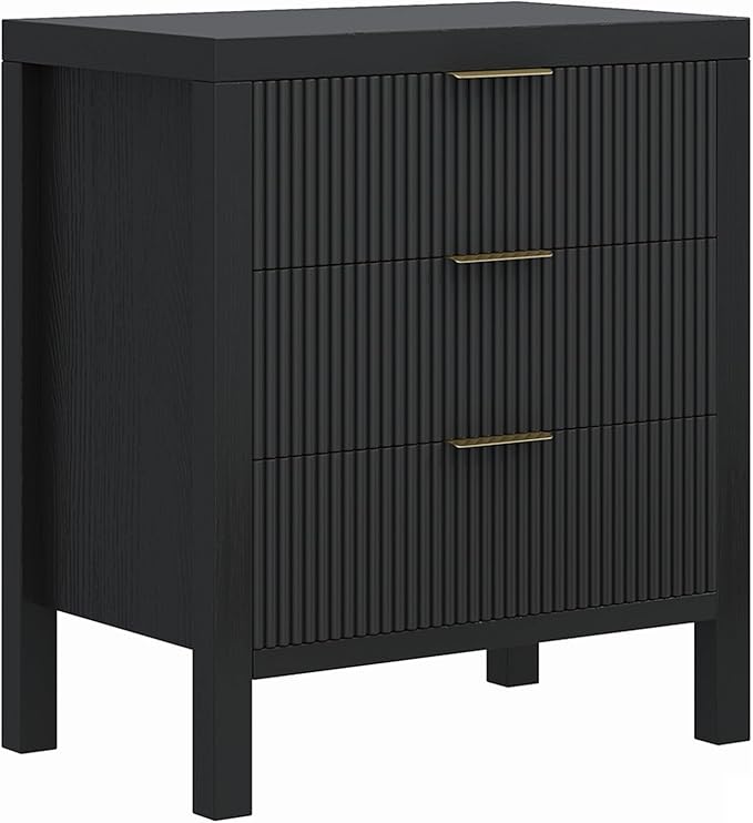 LSKTGA 3 Drawer Dresser, Chest of Drawers Organizer with Waveform Panel, Large Fluted Dresser with Wide Drawers and Golden Handles, Wood Storage for Bedroom, Hallway, Entryway, Black
