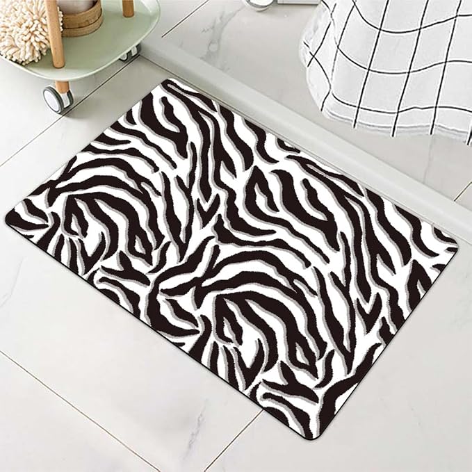 Diatomaceous Earth Bath Mat,Black and White Zebra Print Non-Slip Volume Super Absorbent Fast Drying for Bathroom Kitchen Door mat,Eco-Friendly Easy to Clean 20×31Inch (50 * 80cm)