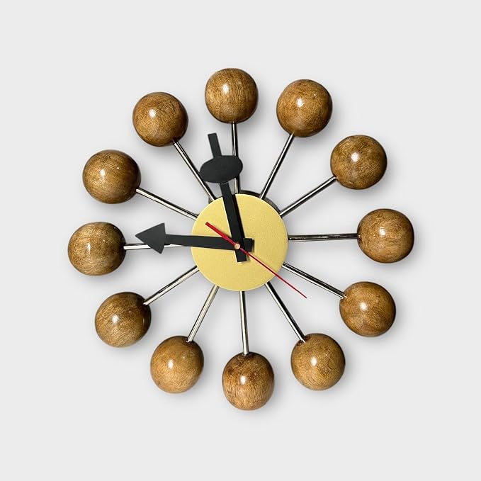 Mid Century Modern Ball Clock – George Nelson Style Wooden Wall Clock, Retro Starburst Design, Silent Non-Ticking Decorative Wall Decor for Living Room, Office, Kitchen & Home (Natural Brown, 18 Inch)