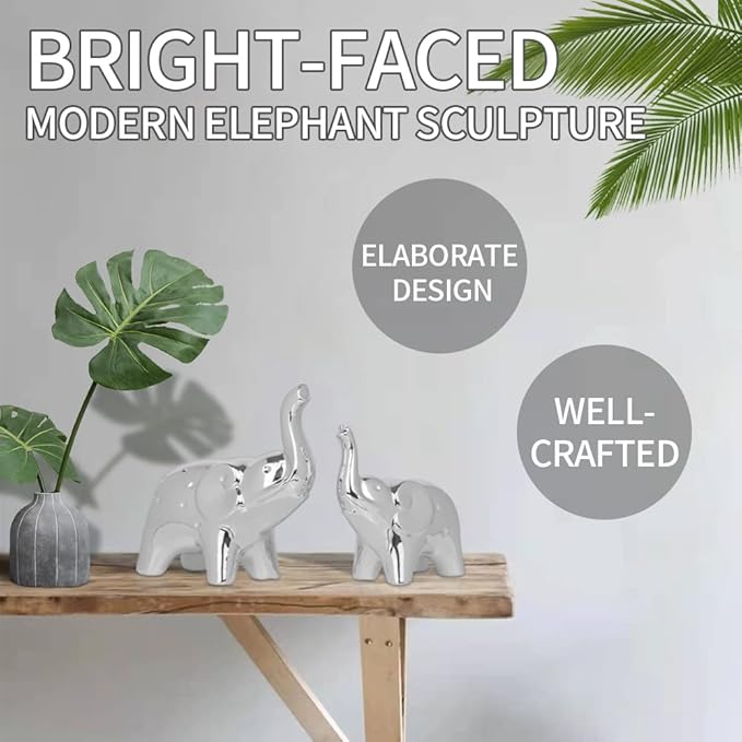 prosfalt A Pair Elephant Statue Home Decor,Modern Style Figurines,Sculpture for Office Desktop Bookshelf Living Room (Ceramics Silver)