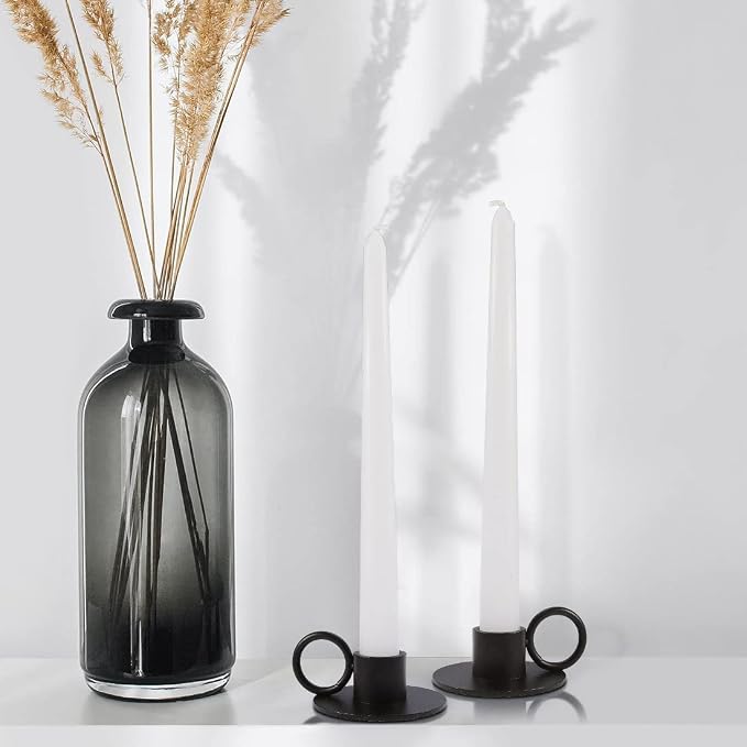 2PCS Black Taper Candle Holders with Round Handle, Matte Iron Candlestick Holders Centerpieces for Home Decoration, Wedding Anniversary, Party, Housewarming Gifts.