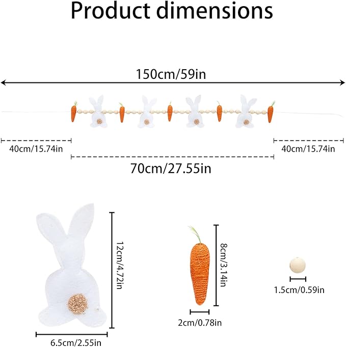 Easter Bunny Carrot Garlands, 27.5'' 3D Wooden Beads Rabbit Easter Banner Decorations, Rabbit Spring Decor Hanging Ornaments (White Orange, One Size)