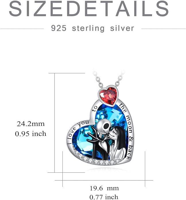 LILALO Christmas Gifts Nightmare Necklace Sterling Silver Abalone Shell Crystal Jack and Sally Necklace Jack Skellington Skull Jewelry Skull Necklaces for Women