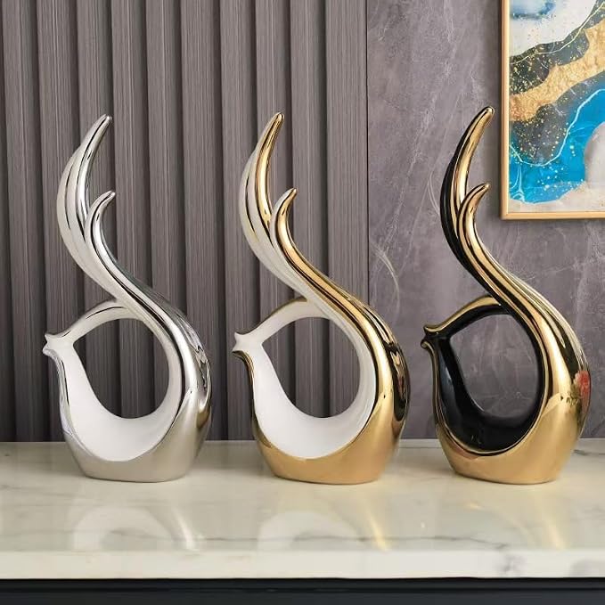 Creative Abstract Ceramic Geometric OK Sculpture, Modern Home Decor Figurine, 3 Colors to Choose from (White and Silver)