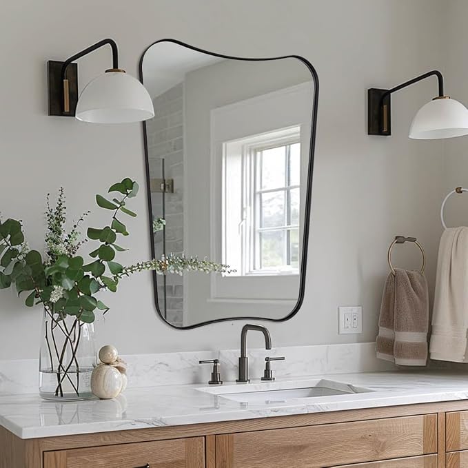 ANDY STAR Bathroom Mirror, 26x38 Inch Matte Black Vanity Mirror, Black Asymmetrical Mirror in Premium Stainless Steel Metal Frame Deep 1’’, Wall Mount Vertically Only