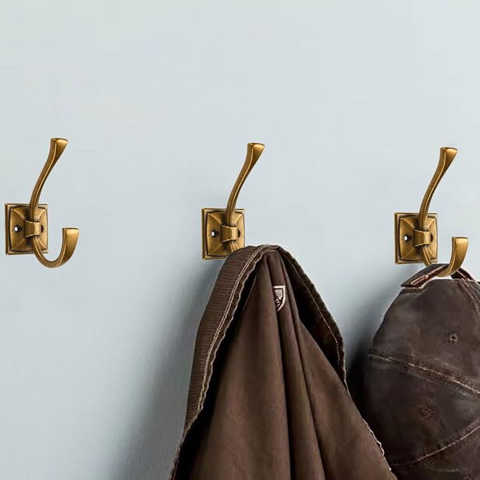 2 Pack Decorative Heavy Duty Towel Hooks for Hanging Robe Double Vintage Antique Brass Coat Hooks Wall Mounted with Screws for Key, Towel, Bags, Cup, Hat