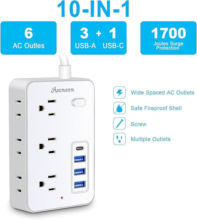 20 FT Extension Cord with Multiple Outlets, Asamoom 20 ft Surge Protector Power Strip with 6 Outlets with 4 USB Ports(1 USB C),Flat Plug with Long Cord 1700 Joules Protection for Home Office White