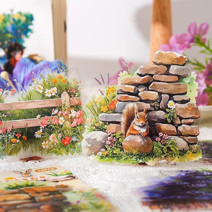 Dwpetzo Garden Flower Landscape Stickers for Journaling, 6 Themes Transparent PET Wildflower Brick Wall Fence Vines Stickers for Scrapbooking, Junk Journal Supplies, Collage, Planner, Mixed Media