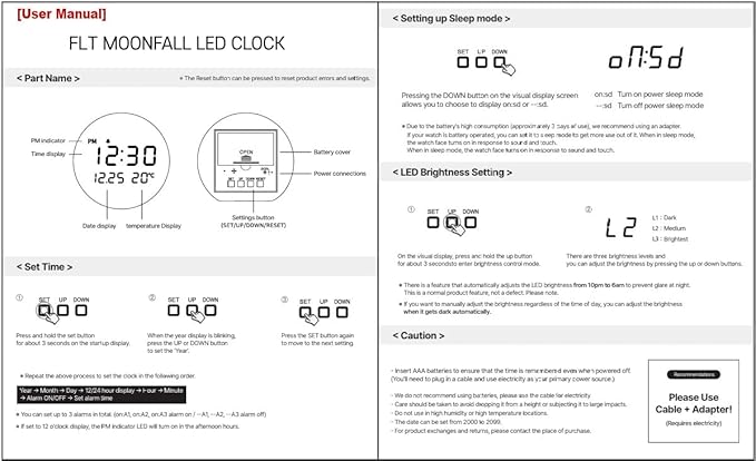 FLT Moonfall Wood Interior LED Desk Clock-White (Designed in Korea)- Time, Date, Temperature Display, Customizable Alarms, Auto Brightness, Compact 3.46-Inch Size, USB Cable & Adapter Included