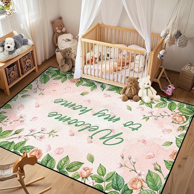 Welcome Rug Floral Area Rug for Bedroom Living Room Nursery Playroom Classroom Home Decor Pink Rose Green Leaf Carpet Non-Slip Washable Floor Mat,4'x6'