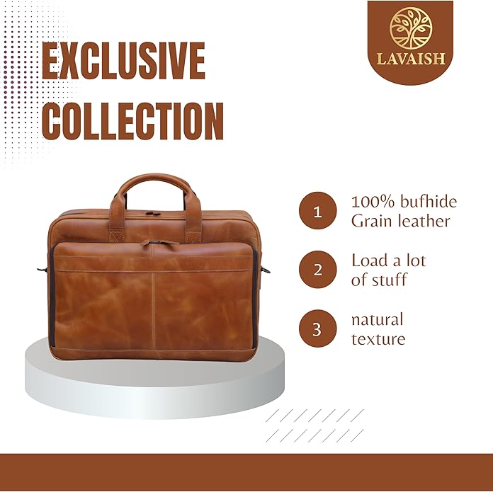 LAVAISH Handmade Full-Grain Leather Briefcase for Men & Women–17" Laptop Bag with Computer Compartment Office Satchel Bag