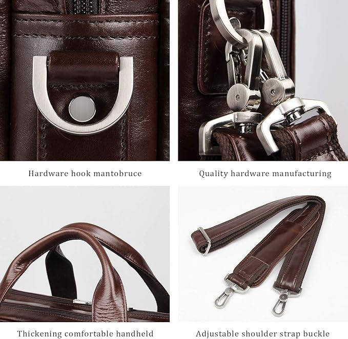 Augus Genuine Leather Mens Briefcase businessTravel Bags 15.6 Inch Laptop Bag YKK Zipper, Coffee