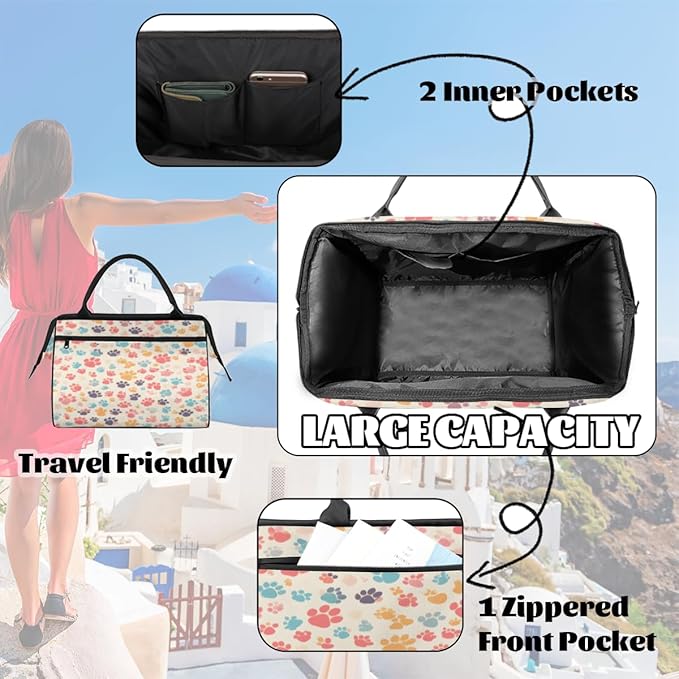 Colorful Pawprint Overnight Weekender Bag for Women Men Travel Duffel Bags Waterproof Luggage Carry on Sports Yoga Gym Bag
