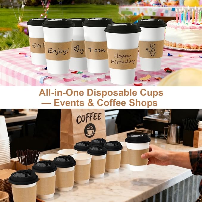 Coolcap 12 oz 500 Pack Coffee Cups with Lids and Sleeves, Straws, Hot Disposable To Go Travel Paper Cups Bulk for Office, Home Coffee Bar Accessories, Chocolate, Cocoa, Beverage (Black)