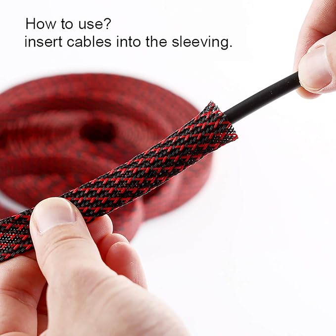 100ft - 1/2 inch PET Expandable Braided Sleeving – BlackRed – Alex Tech Braided Cable Sleeve