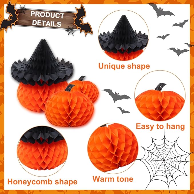 8 Pcs Honeycomb Pumpkin Decorations Halloween Party Set 3 Sizes Tissue Paper Honeycomb Balls for Indoor, Window Spooky Party Haunted House Decor
