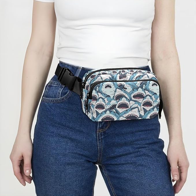 Sharks with Wide Open Mouths Fanny Pack for Women Men Water Resistant Fashion Waist Packs with Adjustable Strap Belt Bag for Travel Workout Jogging Hiking 21219008
