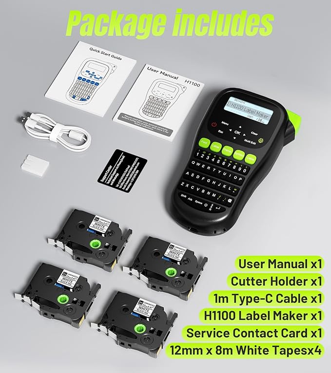 Label Maker Machine with 4 Tapes, Wire Label Maker Waterproof-Labels, Laminated Handheld Label Printer, Backlit & Portable & One-Touch Key, H1100 Labeler for Industrial Office Organization