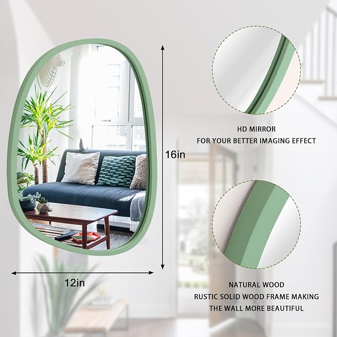 Wooden Framed Irregular Mirror - Modern Artistic Asymmetrical Oval Hanging Wall Mirror for Bathroom, Bedroom, Living Room, Entryway & Hallway