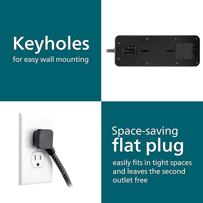 Philips 7-Outlet Surge Protector Power Strip with USB, 1 USB-A, 1 USB-C, 6 Ft Braided Extension Cord, Mutli Plug Outlet Extender, Adapter-Spaced, Charging Station, 15W, 1500 Joules, Black, SPP3703B/37