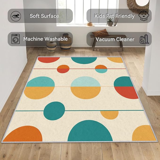 Mid Century Modern Area Rug 4x6, Washable Non Slip Low Pile Abstract Geometric Carpet for Living Room Bedroom Dining Room, Minimalist Retro Circle Accent Rug, Ivory Teal Mustard Orange