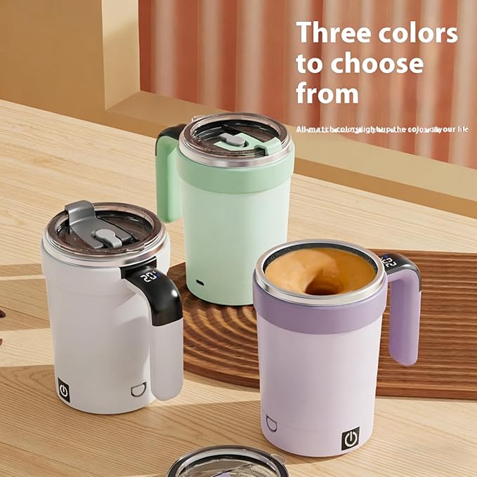 Self Stirring Coffee Mug with Lid,304 Stainless Steel Self Stirring Cup,Rechargeable Coffee Mug with Temperature Display,Suitable for Home and Office (White)