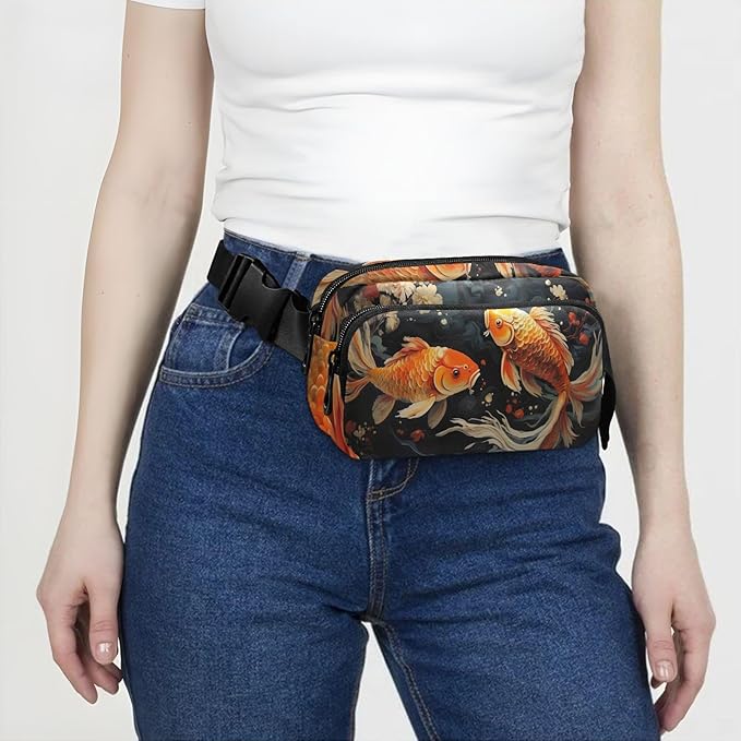 Two Golden Koi Water Plants Flowers Fanny Pack for Women Men Water Resistant Fashion Waist Packs with Adjustable Strap Belt Bag for Travel Workout Jogging Hiking 21219645