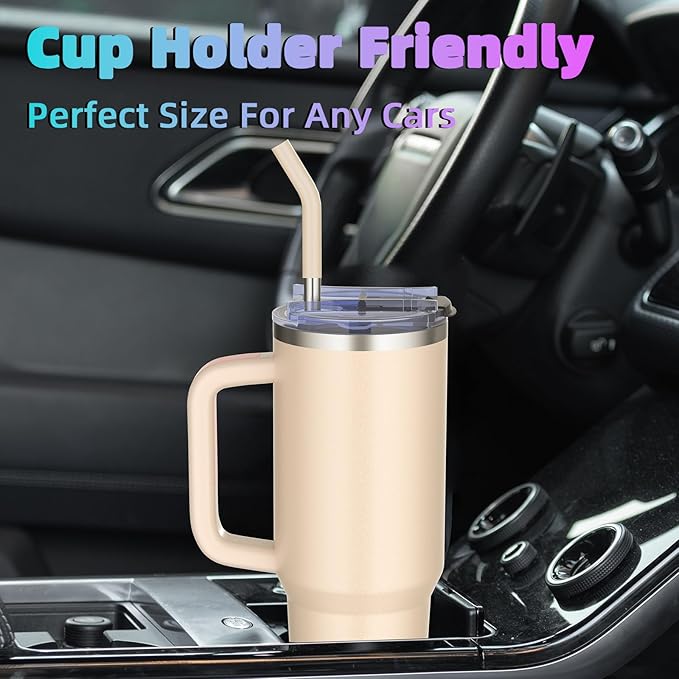 40 oz tumbler with handle and straw,Double Wall Vacuum Reusable Stainless Steel Insulated Water Bottle,With Leak Proof lid and Straw for Iced or Cold Beverages (Rose Quartz)