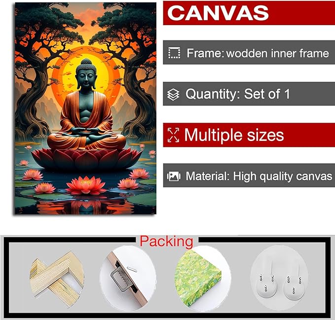 Canvas wall art Golden Buddha on lotus at sunset Ancient trees with reflections on water Serene meditation scene Uplifting wall art for mindfulness and tranquil home decor 28x40in Wood Framed