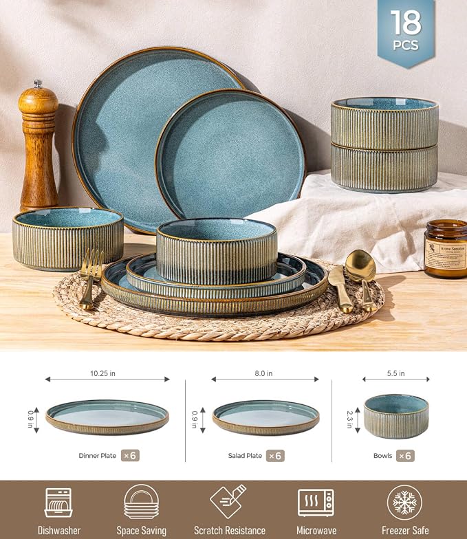GBHOME 18-Piece Stoneware Dinnerware Set for 6 – Ribbed Ceramic Plates and Bowls, Scratch-Resistant, Microwave & Dishwasher Safe, Reactive Glaze-Space Blue