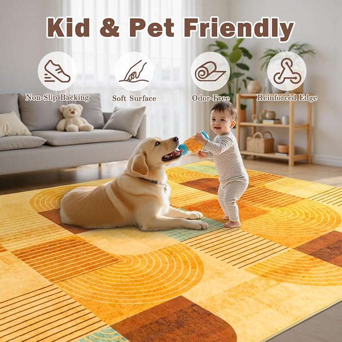8x10 Area Rugs for Living Room, Soft Modern Abstract Geometric Rug for Bedroom, Washable Non-Slip Indoor Floor Carpet for Dining Room Nursery Home,Multi/Orange