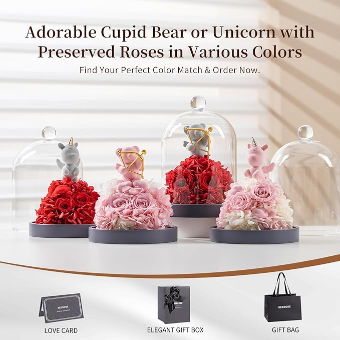 SEEROSE Preserved Rose with Unicorn in Glass Dome, Eternal Real Rose Romantic Gift for Her, Women, Mom, Wife, Girlfriend, Valentine’s Day, Mother’s Day, Christmas, Birthday (Lucky Unicorn, Pink)