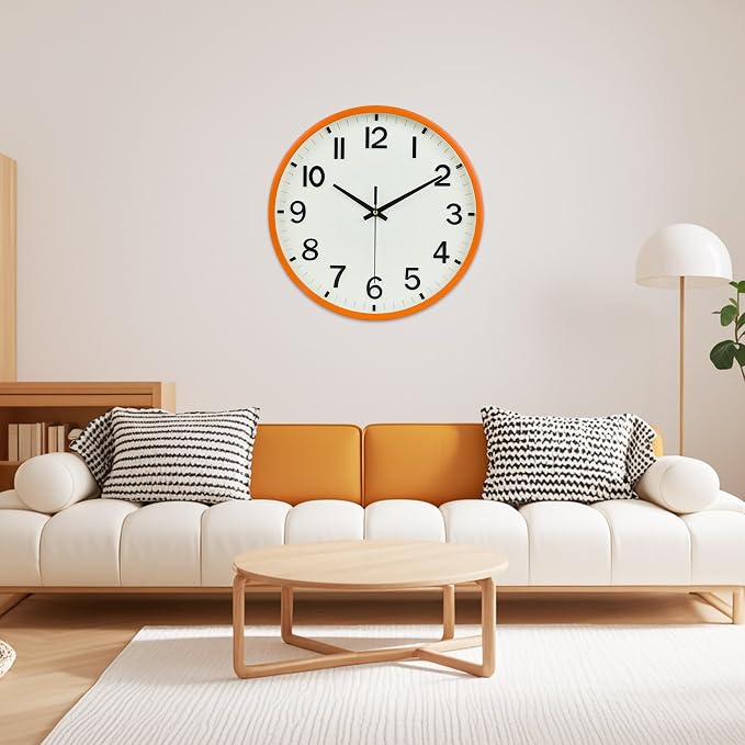 Wall Clock, Modern 8 Inch Small Wall Clocks Battery Operated, Silent Non-Ticking Analog Classic for Office, Home, Bathroom, Kitchen, Bedroom, School(Beige and Orange)