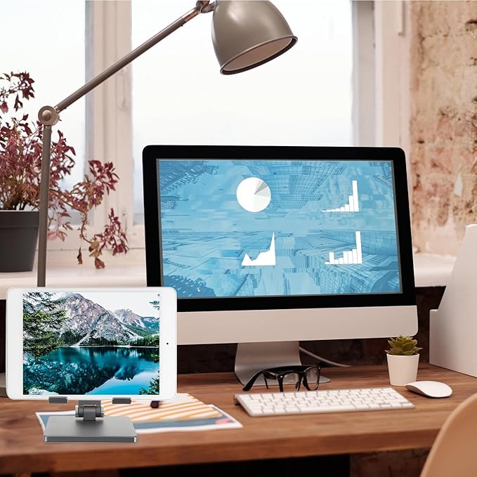 MERRYHAPY Adjustable Foldable Tablet Stand for Desk Metal Tablet Holder Organizer Compatible with Ipad and Multi-Angle Desktop Bracket in Space Gray for Office and Home Use