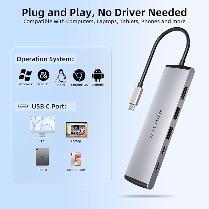 USB C Hub, WALNEW 7 in 1 USB-C Docking Station with 4K HDMI,100W PD, 3 5Gbps Data Ports(1 USBC & 2 USB 3.0),TF/SD Card Reader, USB Hub for Laptop, MacBook Pro/Air/Mac/Dell/HP/ASUS/Acer/Steam Deck