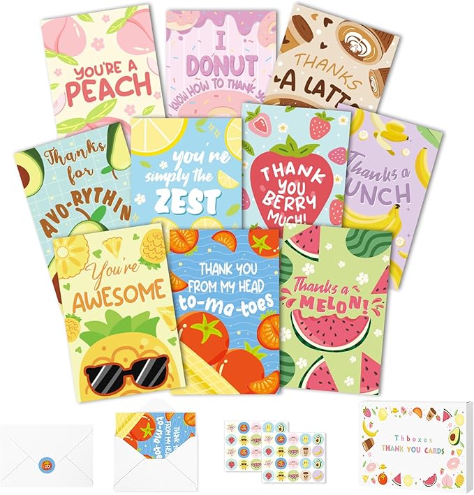 Thboxes 40 Pack Funny Thank You Cards with Envelopes & Stickers, 4×6 in Cute Thank You Card, Blank Cards and Envelopes Greeting Card for Kids Birthday, Wedding, Baby Shower, Thanksgiving, Christmas