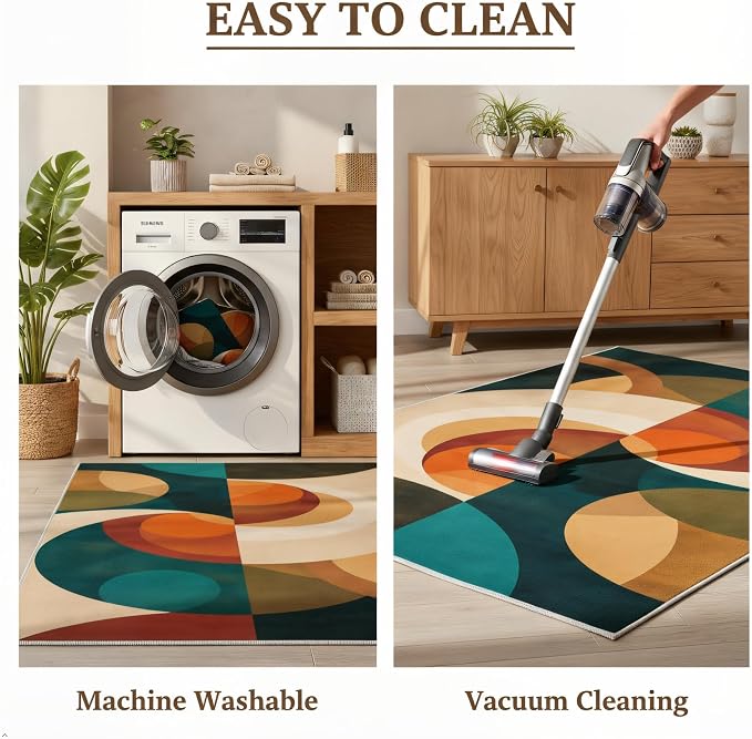 Mid Century Geometric Area Rug 6x9 – Retro Abstract Circle Pattern Rug for Living Room & Bedroom, Low Pile Washable Indoor Rug with Non-Slip Backing