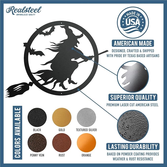 RealSteel Witch Halloween Decoration - Metal Broom Riding Décor - Scary Indoor Outdoor Wall Sign for Haunted Houses - Wicked Witch Flying Porch Art - Flying Bats Front Door Art (30, Black)