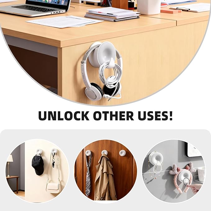 Aenfaiy Headphone Holder Wall Mounted, Under Desk Adhesive Headphone Hook, White Gaming Headset Stand Hanger for Desk with Cable Hook, Fits Slim On-Ear & Over-Ear Headphones| Headband Width Up to 30mm