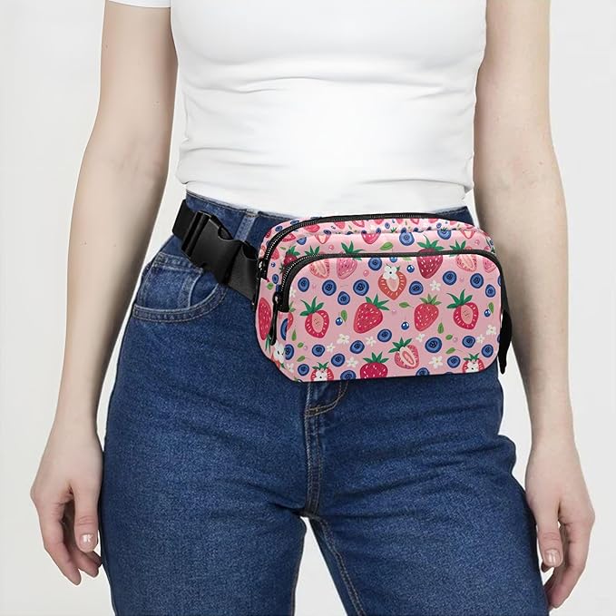 Pink Strawberry Blueberry Fanny Pack for Women Men Water Resistant Fashion Waist Packs with Adjustable Strap Belt Bag for Travel Workout Jogging Hiking 21219428