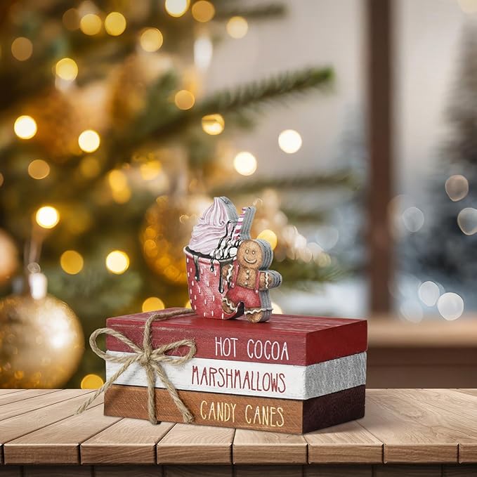 Smile Christmas Wooden Books Stack, Hot Cocoa Marshmallows Candy Canes Faux Books Bundle, Cute Gingerbread Man Cupcake Tiered Tray Decorations, for Home Table Mantle Shelf.