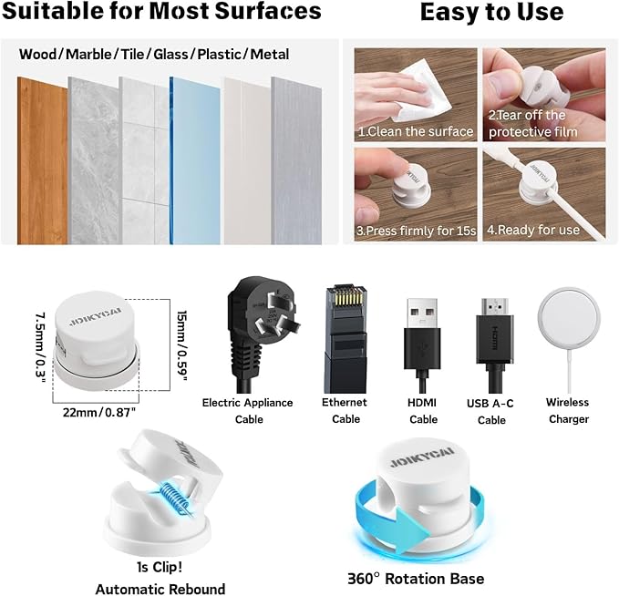 6 Desktop Cord Organizer Magnetic Spring Cable Clips Rotatable Cord Holder 2 Charging Cord Protecors for Nightstand Phone Charger Organizer Computer Desk Cable Management Appliance Adhesive Wire Strap