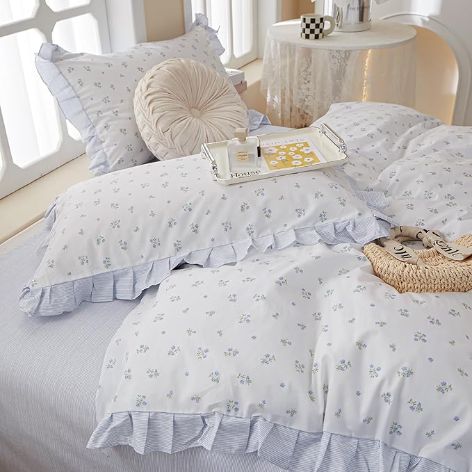 LifeTB Floral Lace Duvet Cover Queen Cute Blue Flower Duvet Cover Romantic Ruffle Comforter Cover Vintage Princess Lace Beddding Cover Botanical Floral Comforter Cover Cottagecore Bedding Set Queen