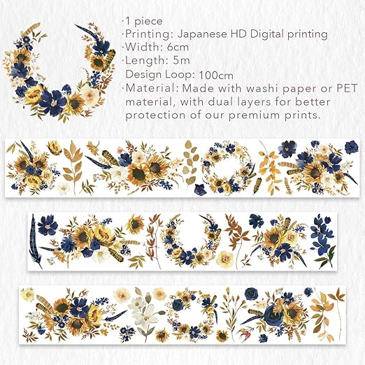 WT PET Tape, Floral Sunflower & Navy Design, Wide Decorative Craft Tape, Single Roll, Clear Transparent Tape for Bujo Planner & DIY Scrapbooking Supplies