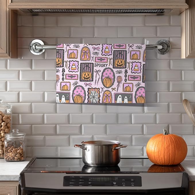 Pink Halloween Kitchen Towels, for Women Girls Dish Tea Towels for Kitchen Decor, Preppy Gothic Ghost Pumpkin Decorative Hand Towel for Bathroom, 16x24 Inches