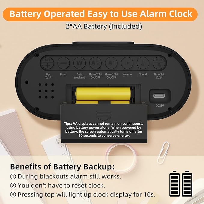 DOOMAY Digital Alarm Clock for Bedroom: Dual Alarm Bedside Clock VA LCD Display with Seconds, 9-Minute Snooze and Weekend Mode, 3 Brightness, 4 Alarms and 3 Volume Levels,Type C & Battery Included