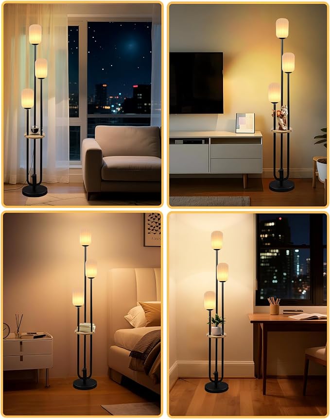 Floor Lamp for Living Room, Dimmable Vintage Floor Lamp with Shelf & LED Bulbs, 3 Light 3000K Soft Warmwhite Mid Century Standing Lamp, Tall Lamps with 5Lbs Heavy Base for Bedroom Home Decor