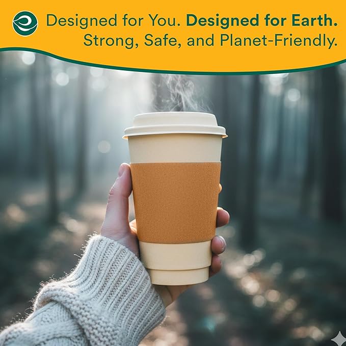 ECO SOUL 100 Pack 16 oz Disposable Coffee Cups with Lids & Sleeves Eco-Friendly, Biodegradable, Compostable, Leak-free & Sturdy To Go Hot Drink Cup for Tea, Chocolate Party Travel Cafe Office & Home
