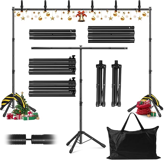 Backdrop Stand 10x7.5 FT for Photography Studio, 3-in-1 T-Shape Photo Backdrop Stand Kit for Birthday Party, Background Stand for Photo Video Studio with Carring Bag, Banner Stand with 2 Sandbags